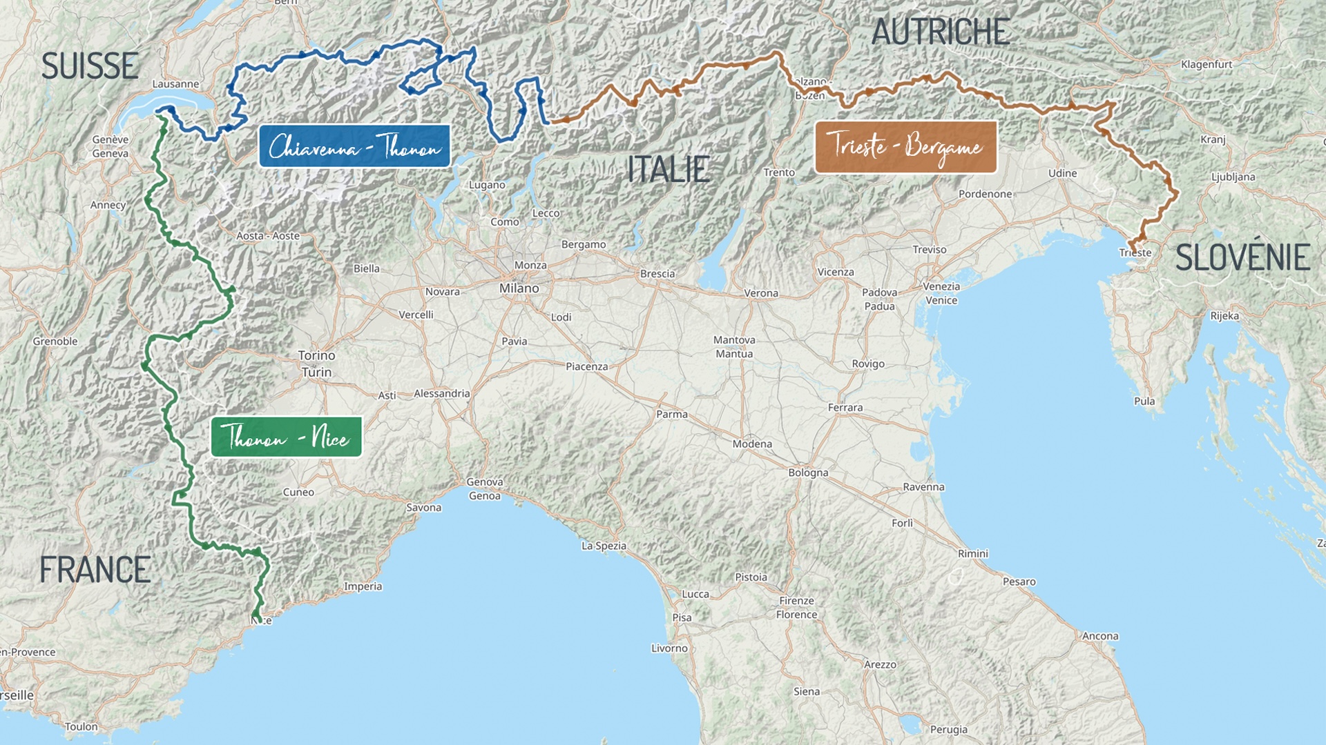 carte de l'itinéraire de la traversée intégrale des Alpes entre la Slovénie, l'Autriche, l'Italie, la Suisse et la France