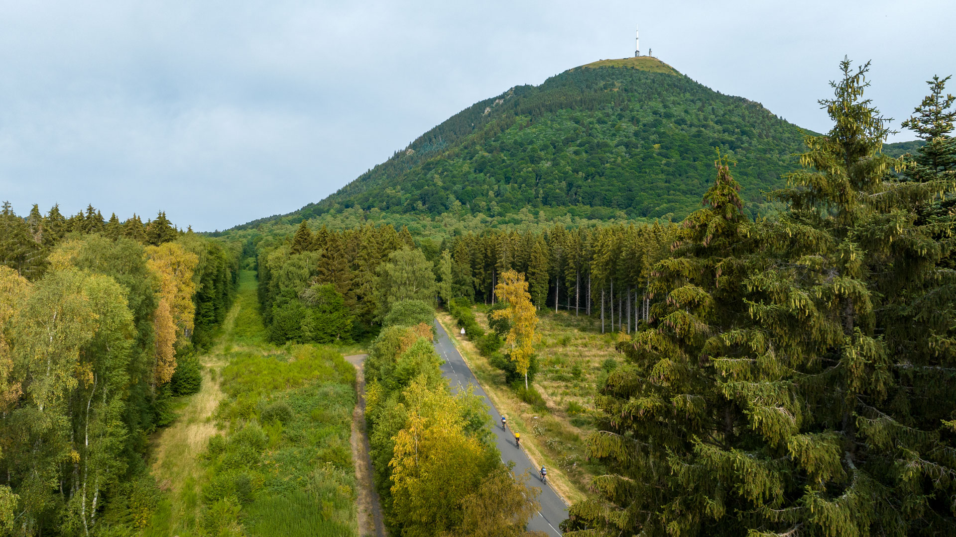 Trois cyclistes sur une route entourée de forêt et face au Puy de Dôme