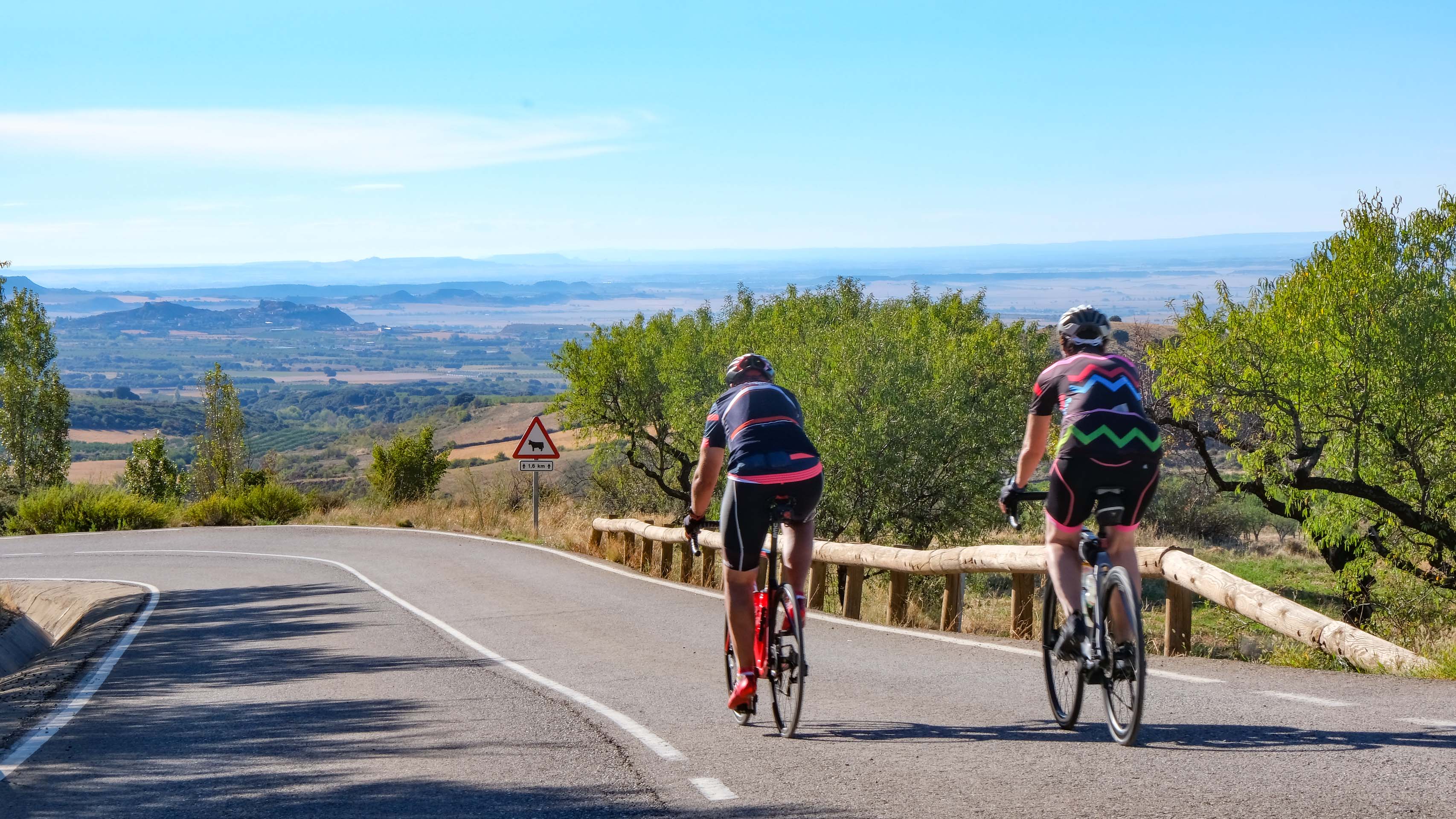 deux cyclistes de dos qui descendent une route avec la vue sur une grande vallée