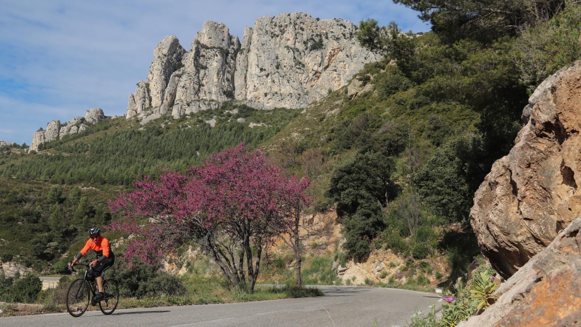 un cycliste sur une route goudronnée dans un massif calcaire