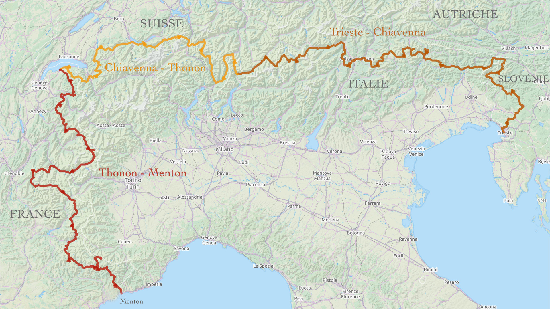 carte des étapes et du tracé de l'itinéraire qui traverse la Slovénie, la Suisse et l'Italie