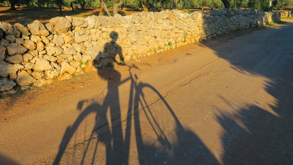ombre d'une cycliste sur un mur de pierre sèche sur une piste en Italie du sud