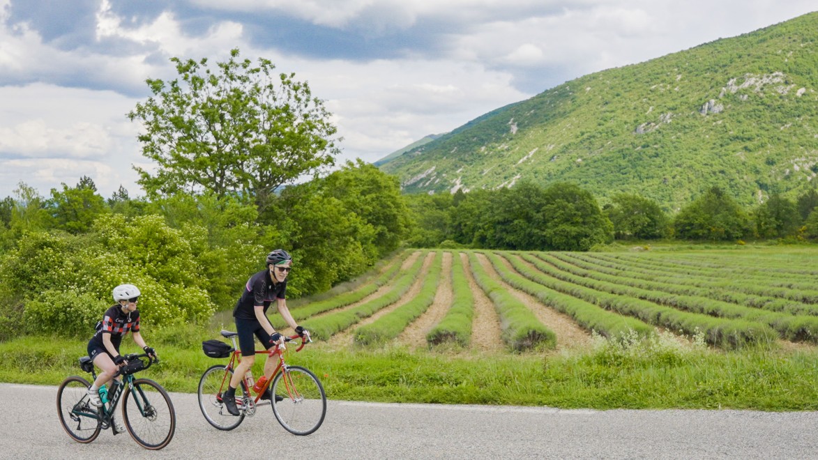 deux cyclistes en vélo de route, traversant des champs dans les Baronnies