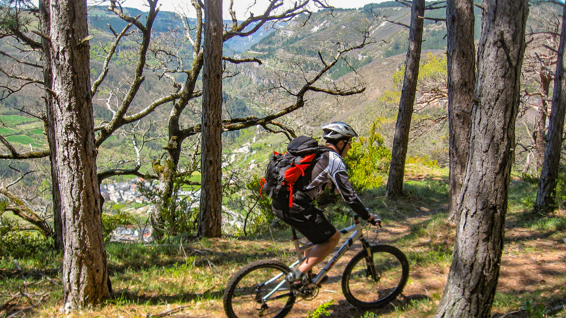 Homme à VTT sur un sentier forestier surplombant les gorges du Tarn