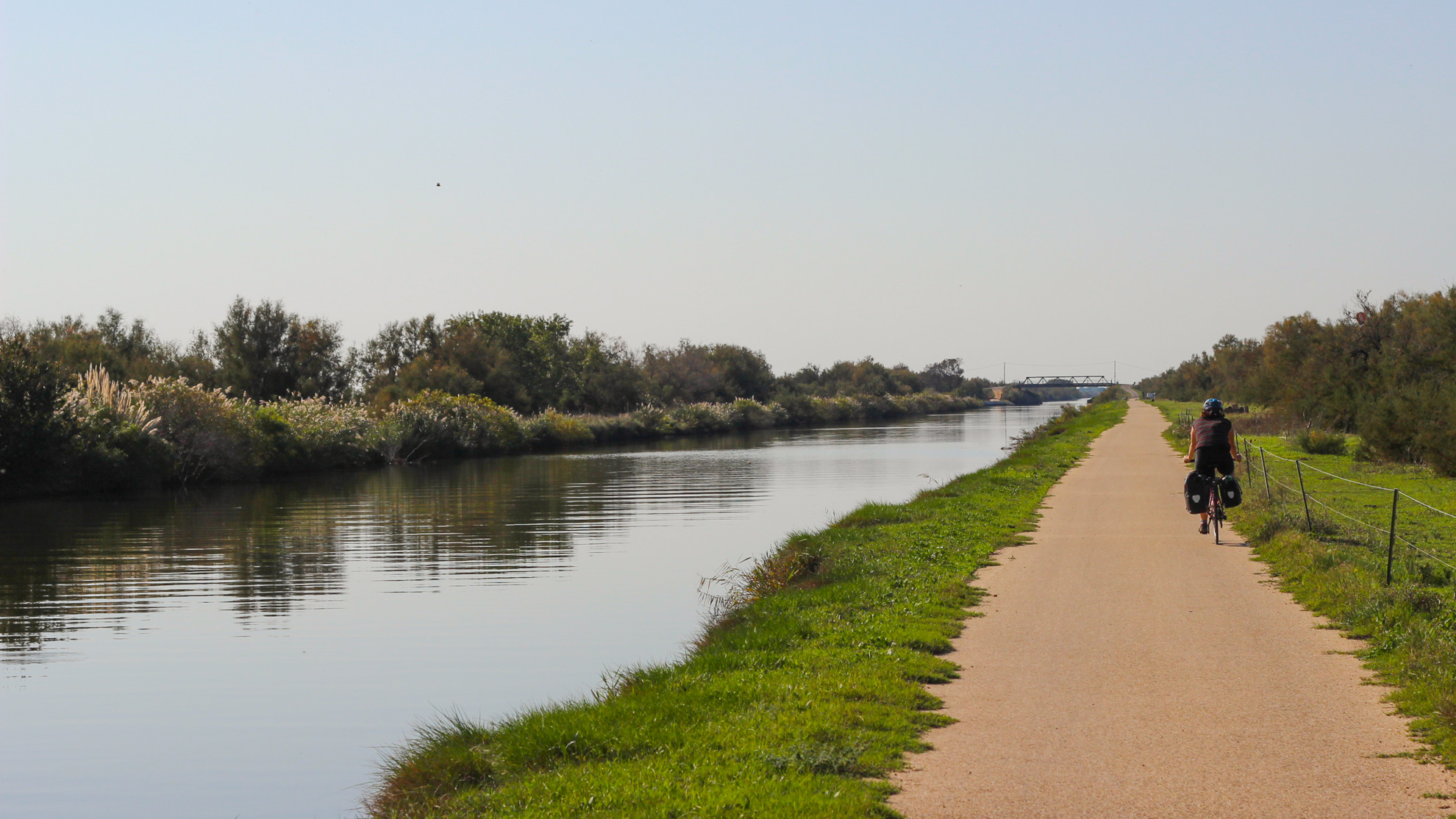 cycliste le long d'un canal camarguais