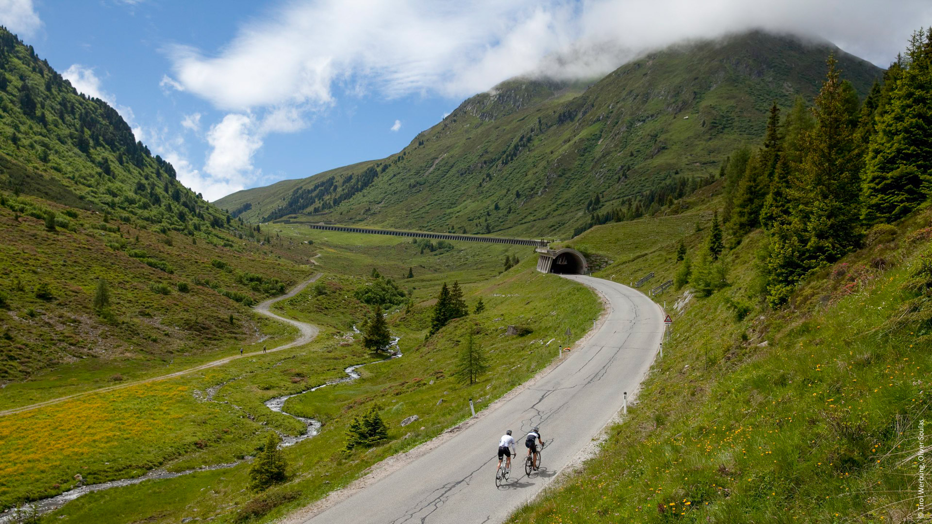un groupe de cyclistes sur une route dans une vallée naturelle, entre forêts et pâturages