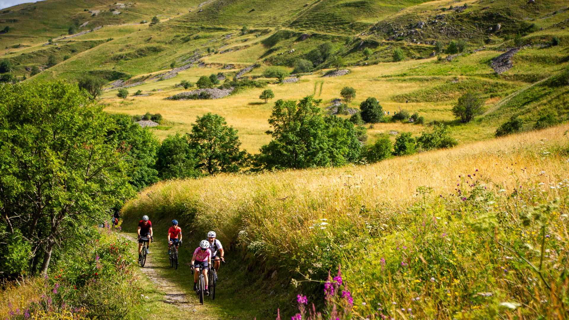 groupe de cyclistes gravel qui grimpe un col des Alpes sur un chemin