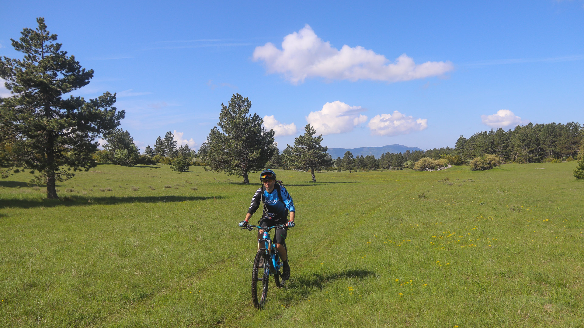 clairière bucolique traversée par un VTT