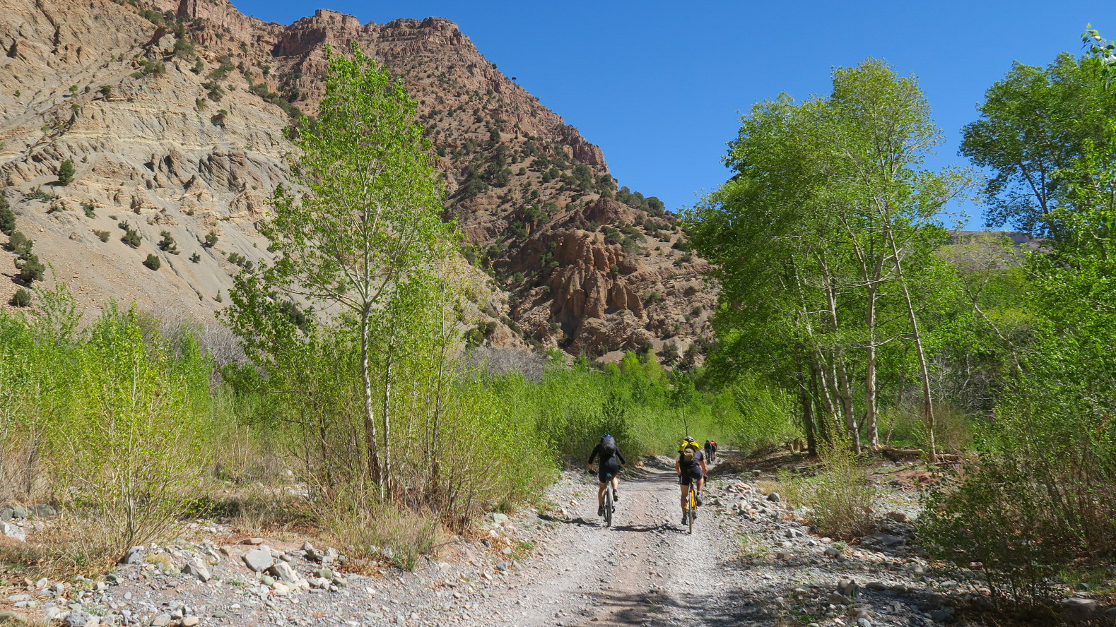 groupe de cyclistes sur un chemin gravel dans la vallée de la Tessaout, dans le Haut-Atlas
