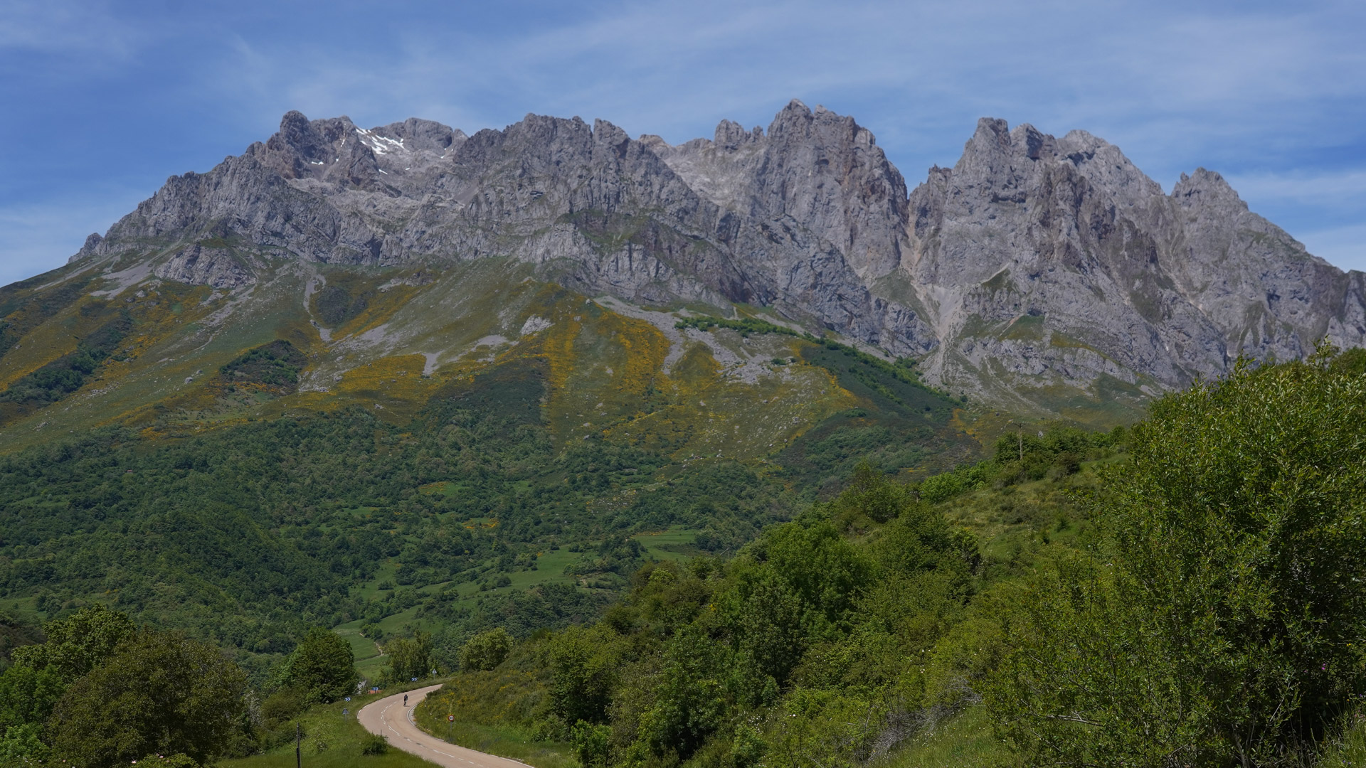 cycliste sur une petite route goudronnée dans les Picos de Europa en Espagne