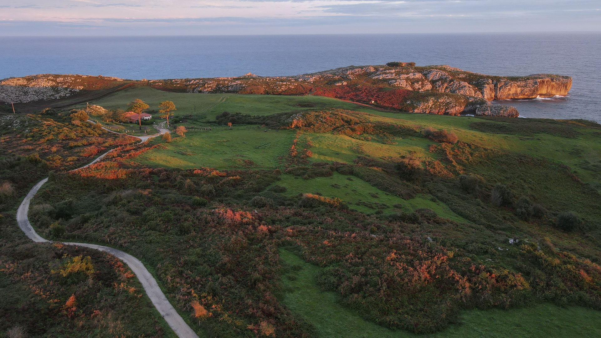 vue de haut sur la costa verde et ses falaises éclairées pau coucher de soleil