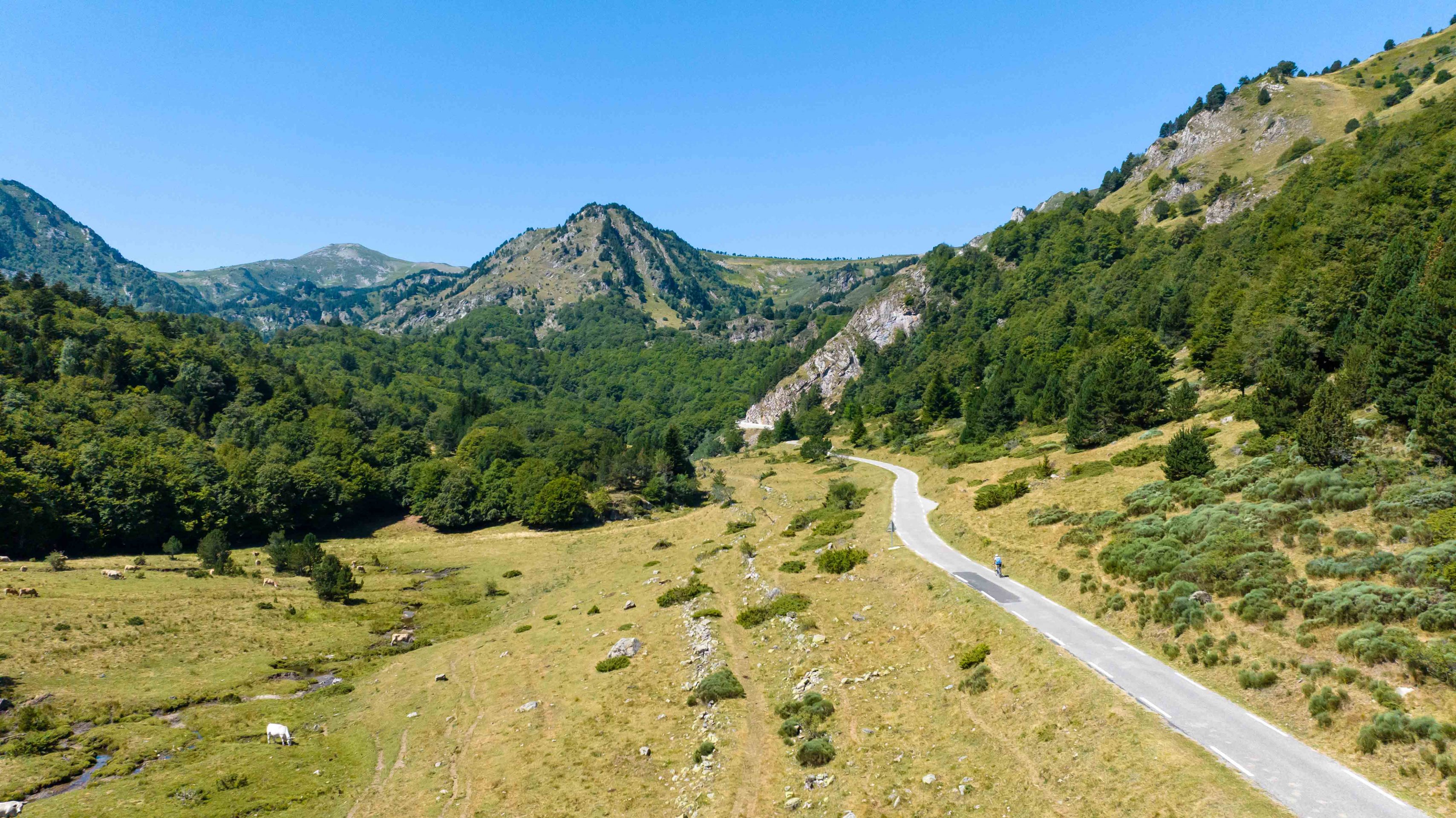 cycliste en vélo de route en direction du col de Pailhères