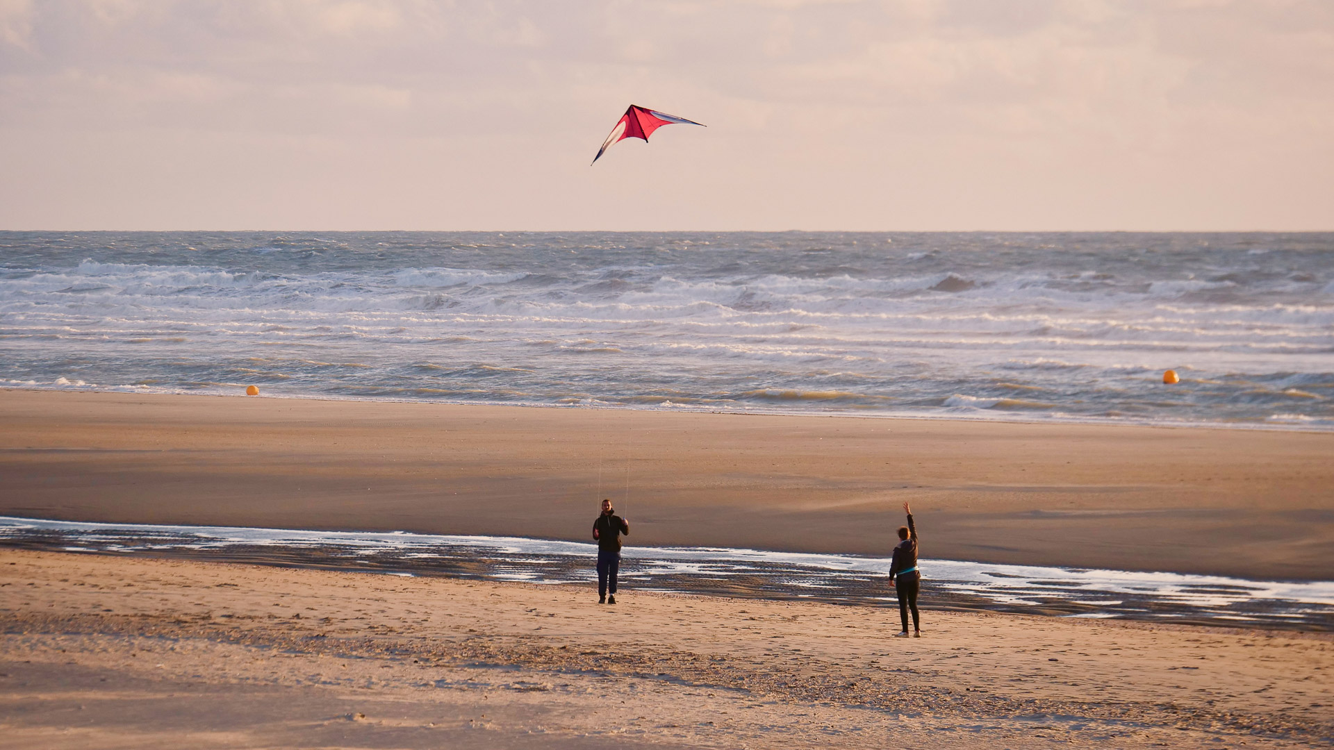 sur une plage, deux personnes se tiennent debout; l'une d'entre elle manœuvre un cerf-volant. Le sable de la plage s'étend jusqu'à la moitié de la hauteur de l'image; le reste de celle-ci contient la mer, donc les remous blanchissent la couleur, et au dessus, le ciel, parsemé de quelques nuages