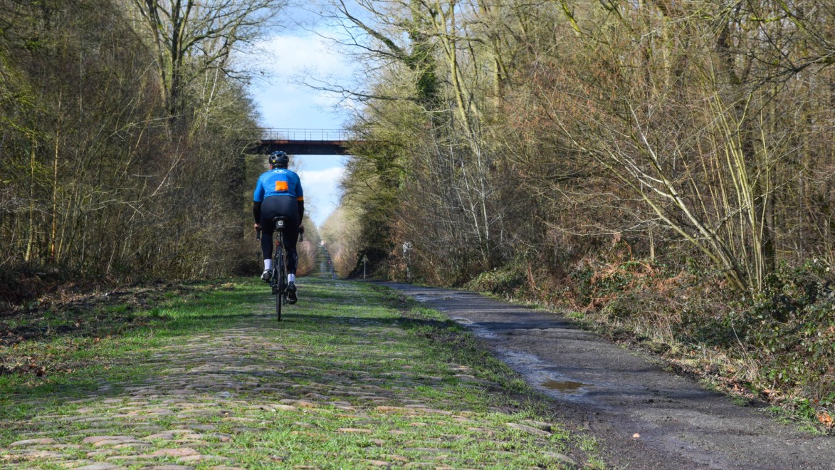 cycliste sur les pavés d'arenberg