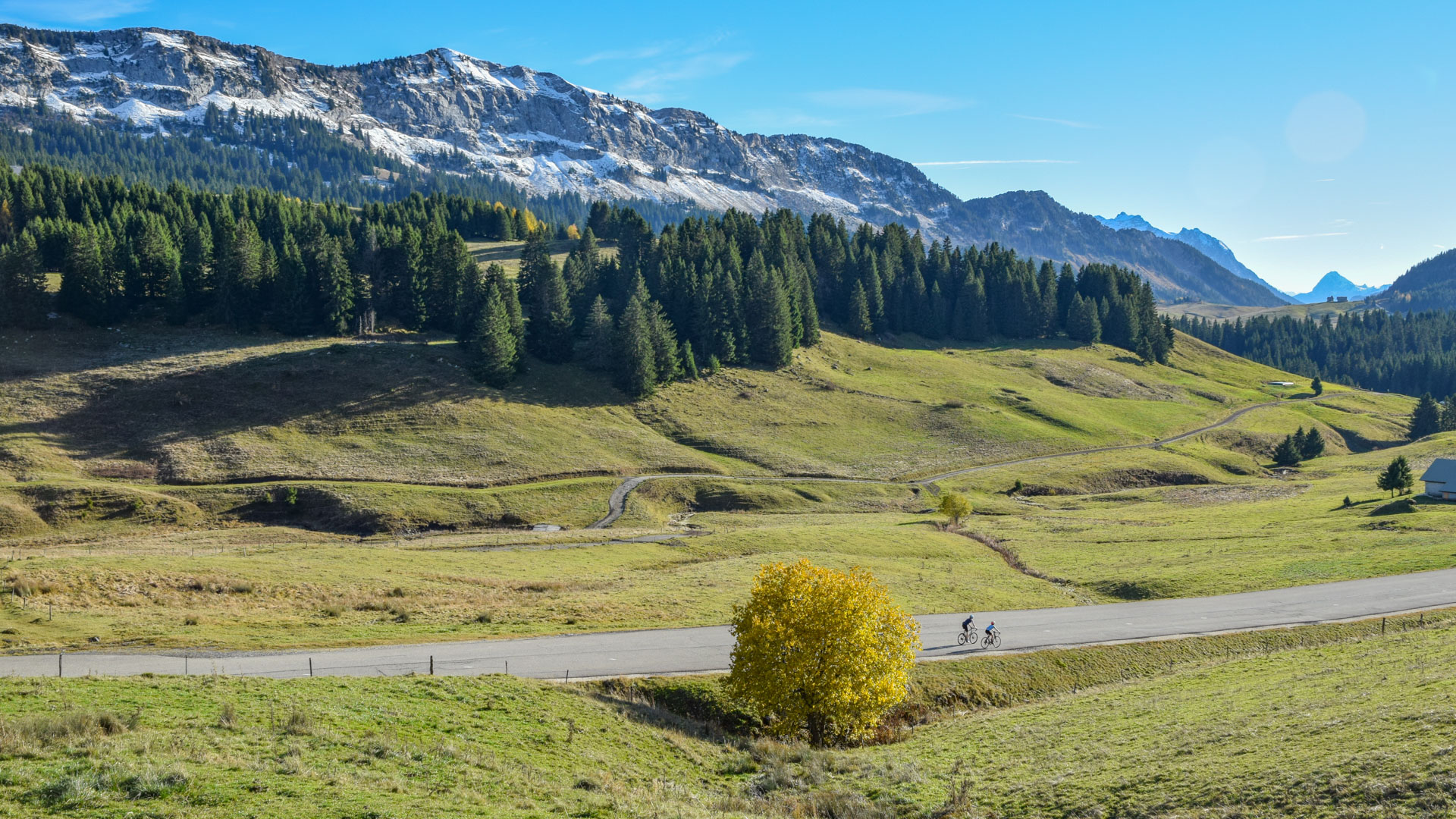deux cyclistes sur la route du plateau des Glières