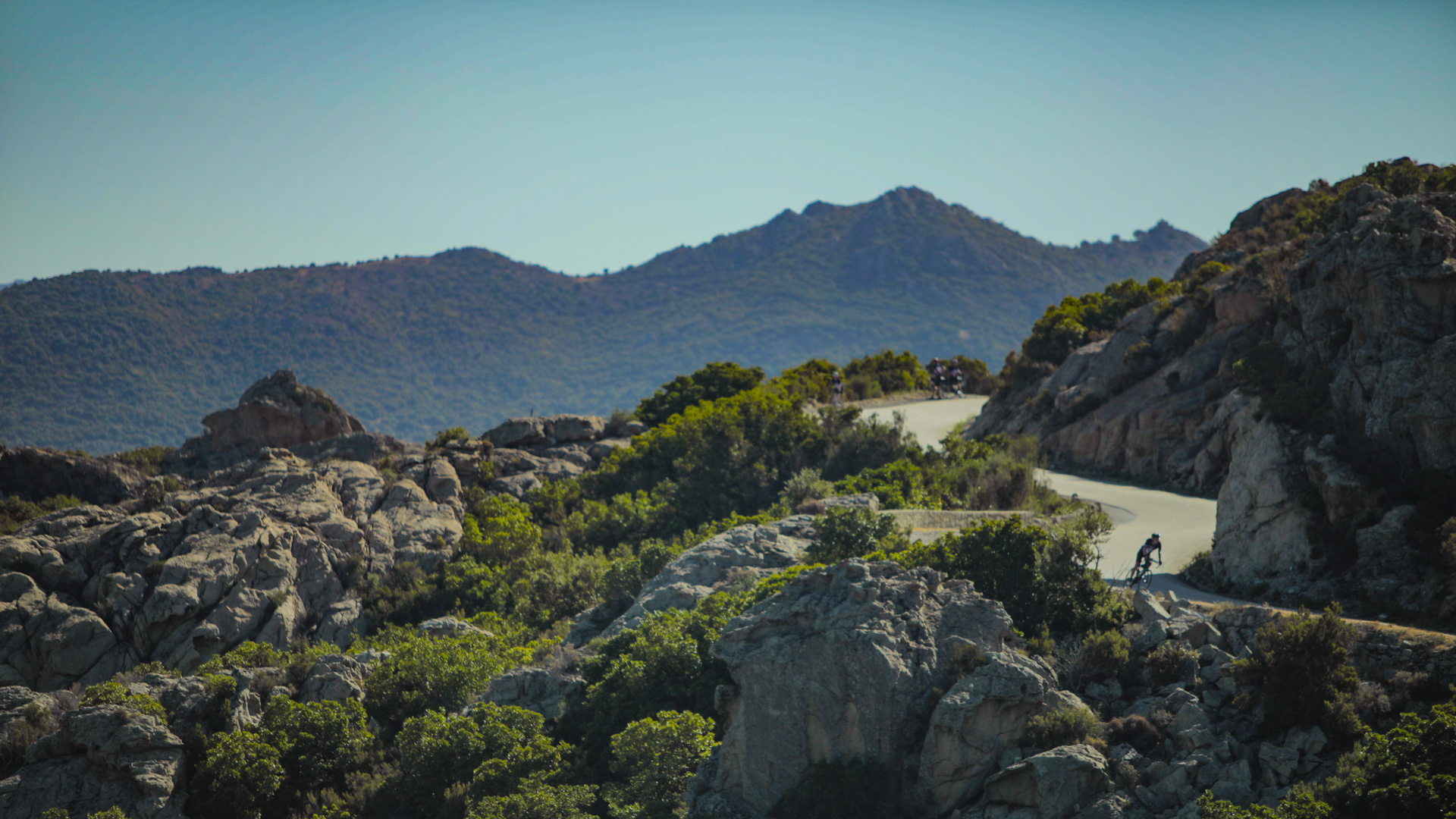 cycliste dévalant une route dans les montagnes corses