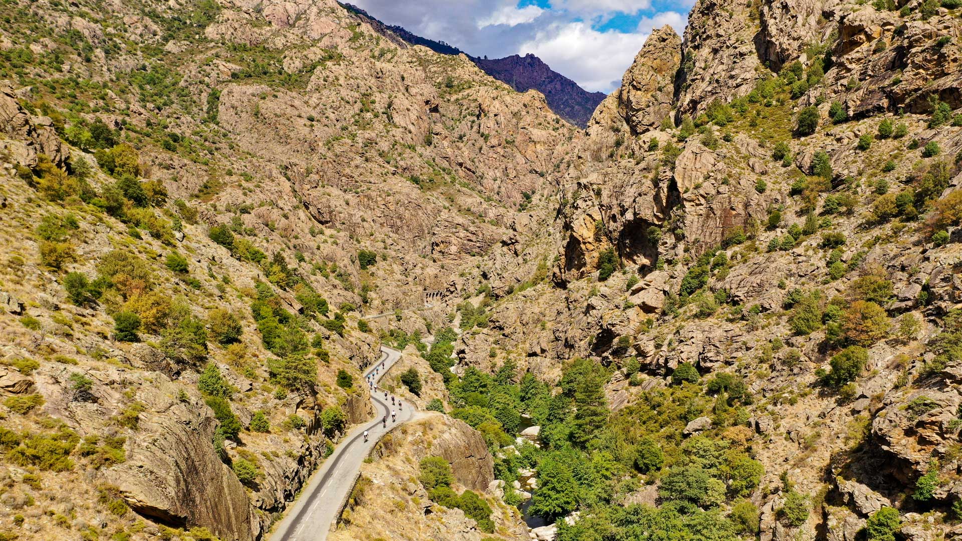 groupe de cyclistes en Corse sur une route entre deux falaises à la Scala di Santa Regina