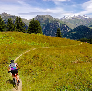 VTT sur single track dans le Beaufortain avec le Mont Blanc en fond