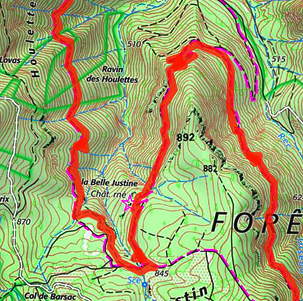 carte IGN avec tracé surligné pour le VTT